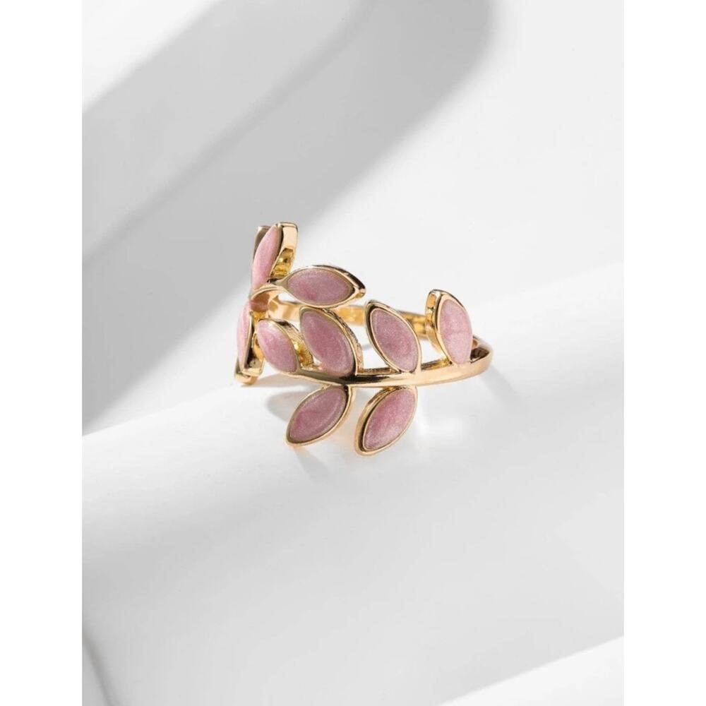 Pink & Gold Leaf Decor Cuff Ring w/ White & Blue Options, Casual Jewelry Gift